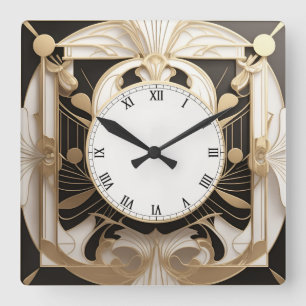 Carrée Elégante horloge Art Déco - Flamme noir et blanc O