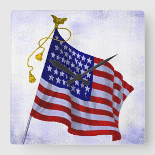 Carrée Étoiles vintages et rayures US Horloge du drapeau