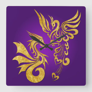 Carrée Feng Shui horloge d'or de Phoenix et de dragon -