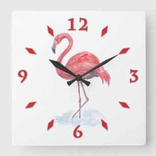 Carrée Flamant rose d'aquarelle rose. Grande horloge