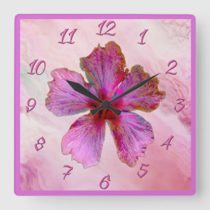 Carrée Hibiscus Design Horloge florale en rose