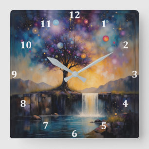 Carrée Horloge arbre et cascade