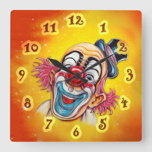 CARRÉE HORLOGE AVEC UN CLOWN RIANT COLORÉ