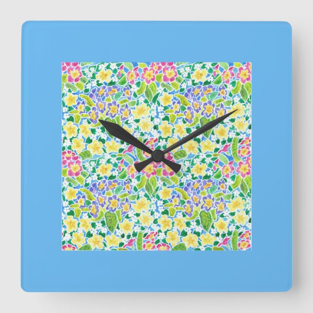 Carrée Horloge Carré Primroses, Bordure Turquoise (Recto)