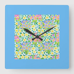Carrée Horloge Carré Primroses, Bordure Turquoise