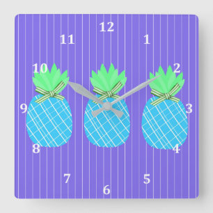 Carrée Horloge colorée à ananas sur bandes bleues