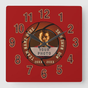 Carrée Horloge de basketball personnalisée et photo rouge