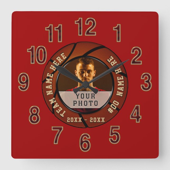 Carrée Horloge de basketball personnalisée et photo rouge (Recto)