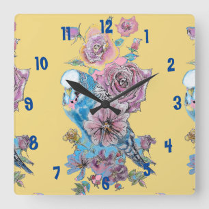 Carrée Horloge de bureau pour femme aquarelle Budgie bleu