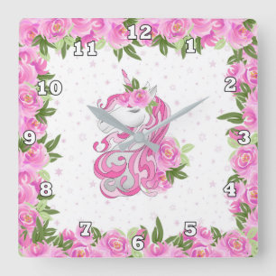 Carrée Horloge de décor de licorne d'imaginaire de filles