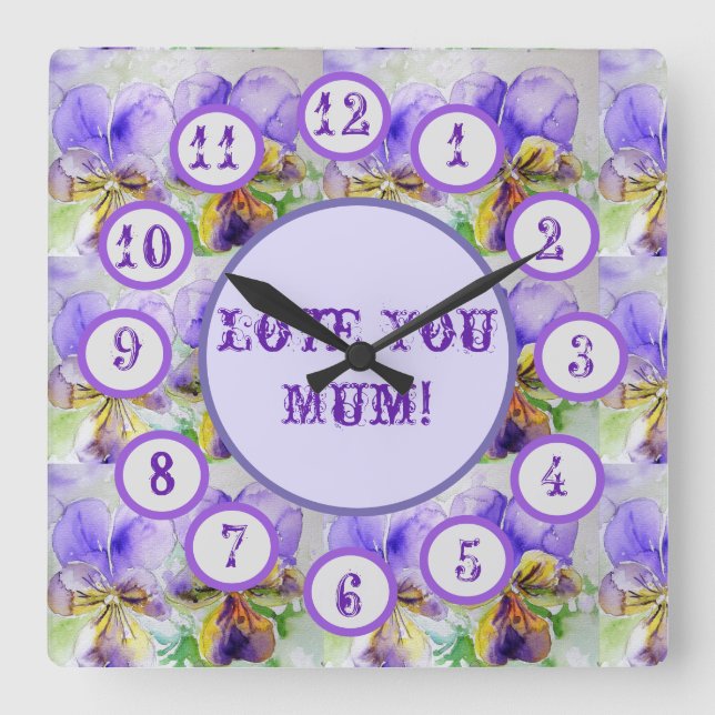 Carrée Horloge de la paroi acrylique de l'aquarelle viole (Recto)