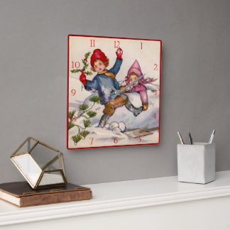 Carrée Horloge de Noël victorien avec enfants dans la nei