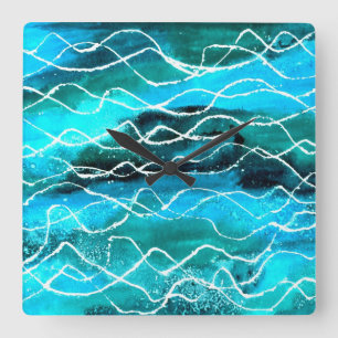 Carrée Horloge des vagues vives, Turquoise, Blanc, Noir