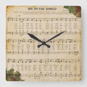 Carrée Horloge en partitions vintage de « Joyeux Noël au