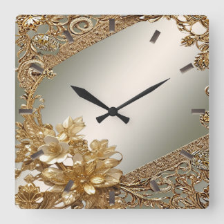 Carrée Horloge fleurie ornée d'or moderne