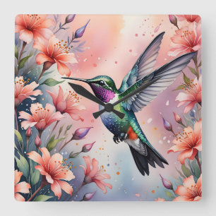 Carrée horloge florale à colibri