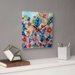 Carrée Horloge Florale Colorée Expressive Entièrement Per