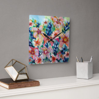 Carrée Horloge Florale Colorée Expressive Entièrement Per