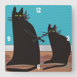 Carrée Horloge lunatique d'art de deux chats noirs