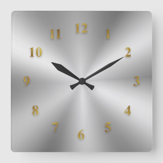 Carrée Horloge métallique argentée avec chiffres dorés (Recto)