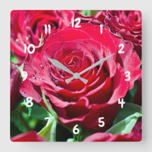 Carrée Horloge Mur Acrylique Roses Rouges