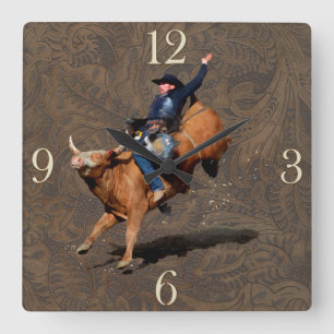 Carrée Horloge Occidentale À Thème Rodeo Cowboy Bull