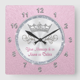 Carrée Horloge rose vif personnalisée avec Jolie Tiara
