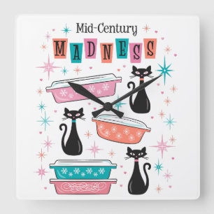Carrée Horloge Starburst Retro Pyrex Black Cats au milieu