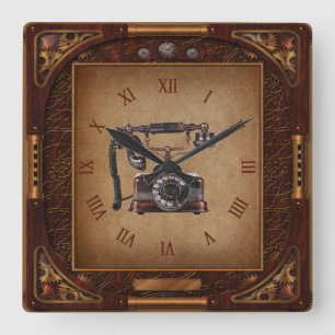 Carrée Horloge Steampunk~Téléphone antique~Numéros romain