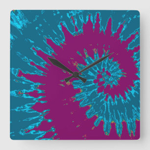 Carrée Horloge Tie Dye en spirale sarcelle et bordeaux