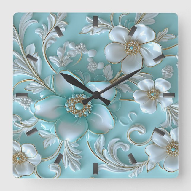 Carrée Horloge turquoise blanche florale (Recto)