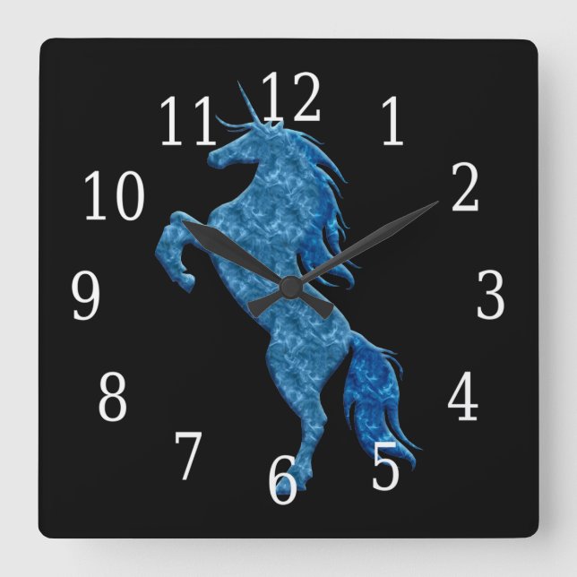 Carrée Horloge Unicorne de feu bleu (Recto)