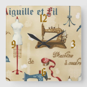Carrée Horloge vintage d'impression de pièce de couture