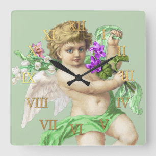 Carrée Horloge vintage Numéros romains Cherub Green