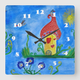 Carrée Illustration Whimsical Enfant Love House Horloge m