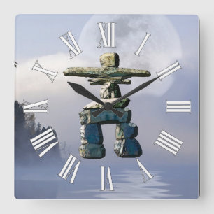 Carrée Inukshuk & Wilderness Moon Art Horloge
