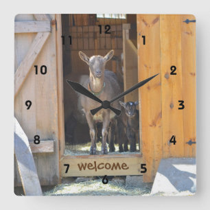 Carrée Mama et bébé chèvre Bienvenue Mur Horloge