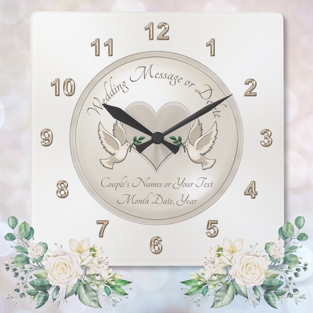 Carrée Mariage personnalisé Horloge Inséparable mariage c (Elegant, Love Birds and Heart, personalized wall clock wedding gift. for bride and groom. Clock.)