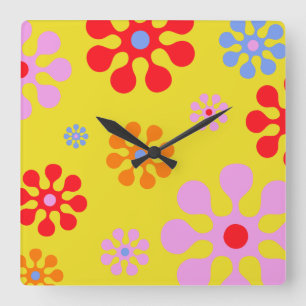Carrée Motif Fleur Fraîche Rétro Horloge Mur Jaune