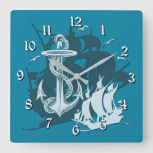 Carrée Navire pirate & Ancre Blanc Silhouette Horloge mur