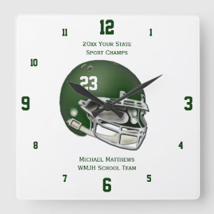 Carrée Nom vert de casque de football et horloge d'école