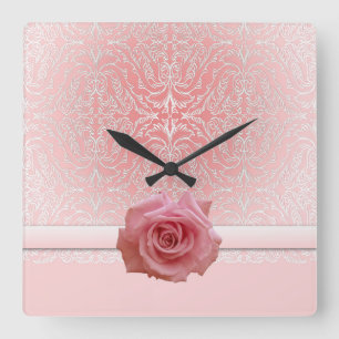 Carrée Pink Lace Damask Beauté Rose Horloge