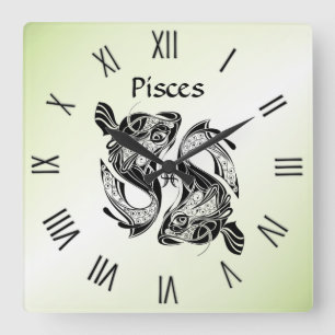 Carrée Poissons Zodiac Horloge verte chiffres romains