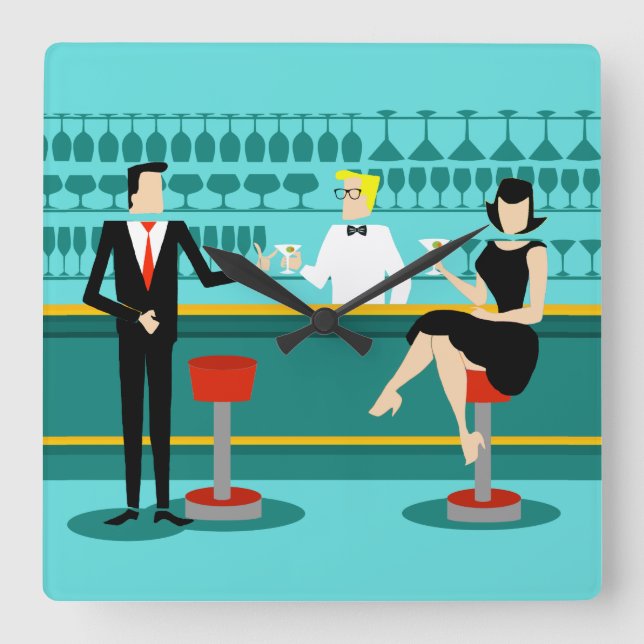 Carrée Retro Cocktail Lounge Horloge Mur Acrylique (Recto)