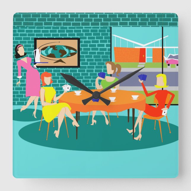 Carrée Retro Femme de jeu de carte mural horloge (Recto)