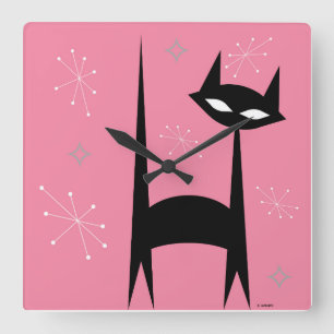 Carrée rétro horloge d'art de bruit de rose de chat noir
