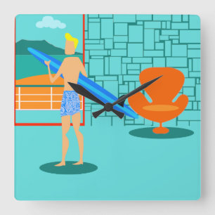 Carrée Rétro Surfer Dude Acrylique Mur Horloge