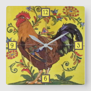 Carrée Rooster Rouge Poulet Jaune Folle Carrelage Horloge