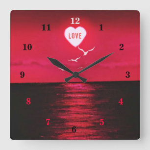 Carrée Sea Sunset Love Romantique Mur Horloge - Rouge Noi