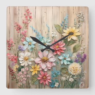 Carrée Shabby Chic Fleurs Horloge Mur